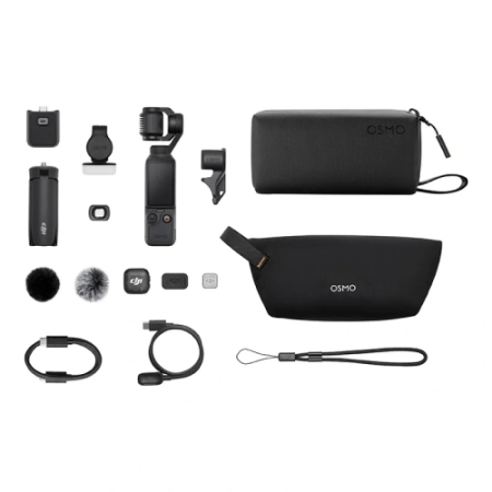 DJI Osmo Pocket 4 (Creator Combo) - kompaktowa kamera z gimbalem, z akcesoriami i DJI Mic 3 - zawartość zestawu